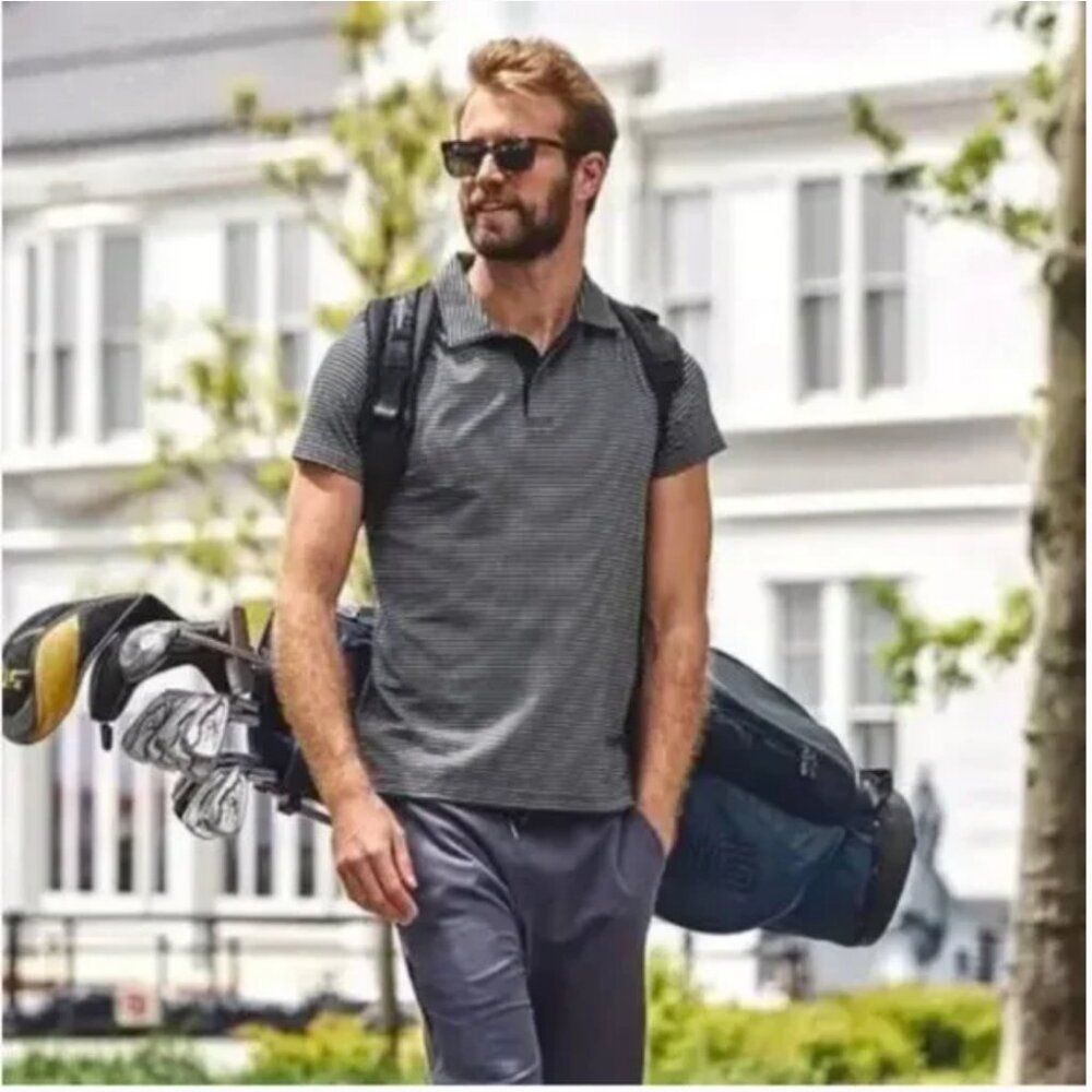 Mack Weldon Men's Collared Golf Polo Shirt Gray Striped Cotton Poly Lycra Medium